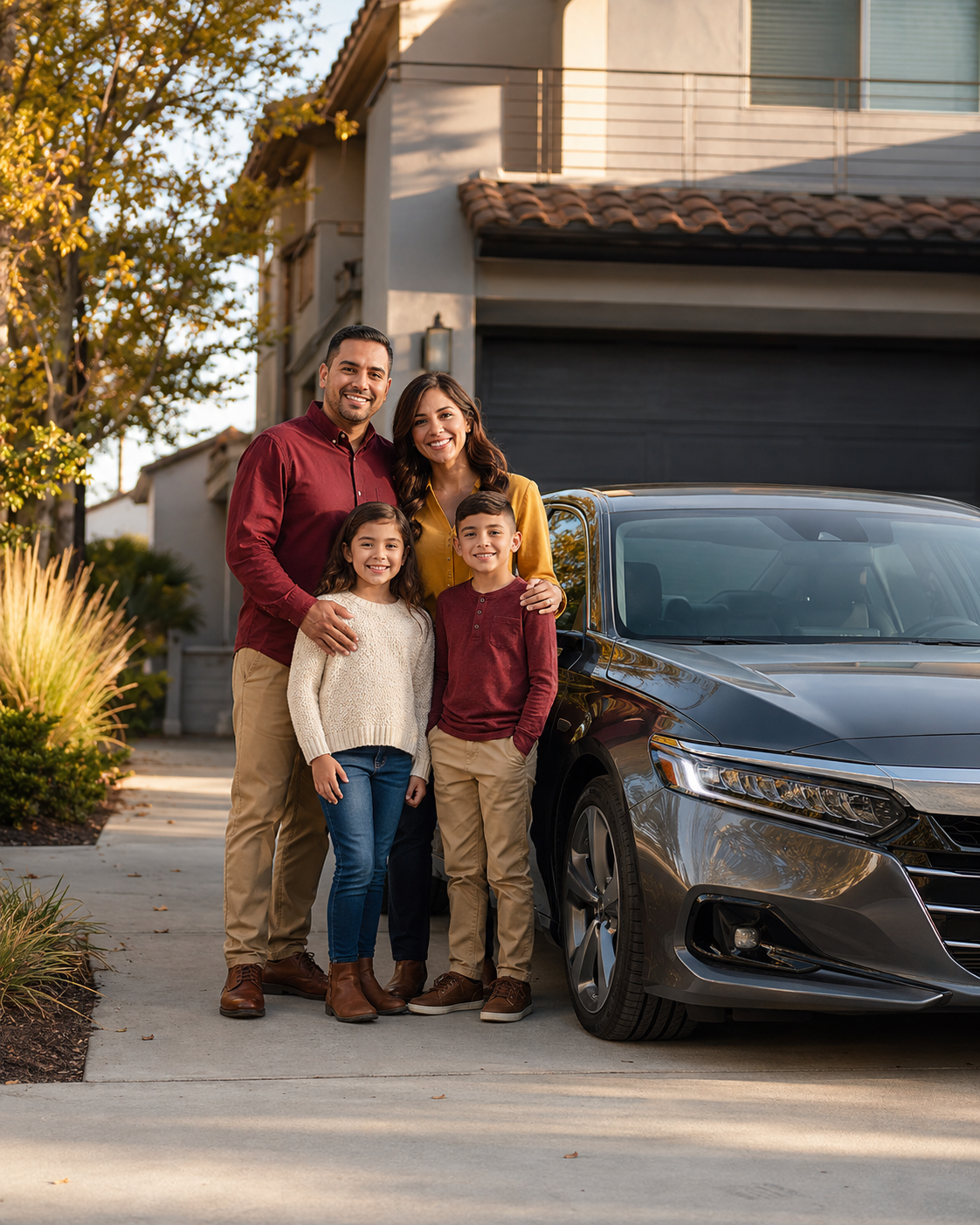 A family standing beside their car in front of their home